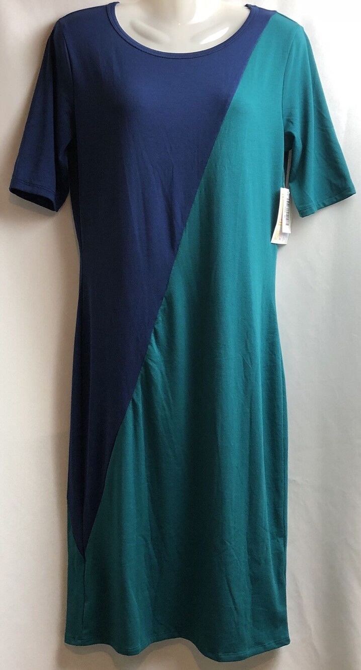 LuLaRoe Julia Dress Women Size M Blue Green Colorblock Midi Stretch Fit Comfort